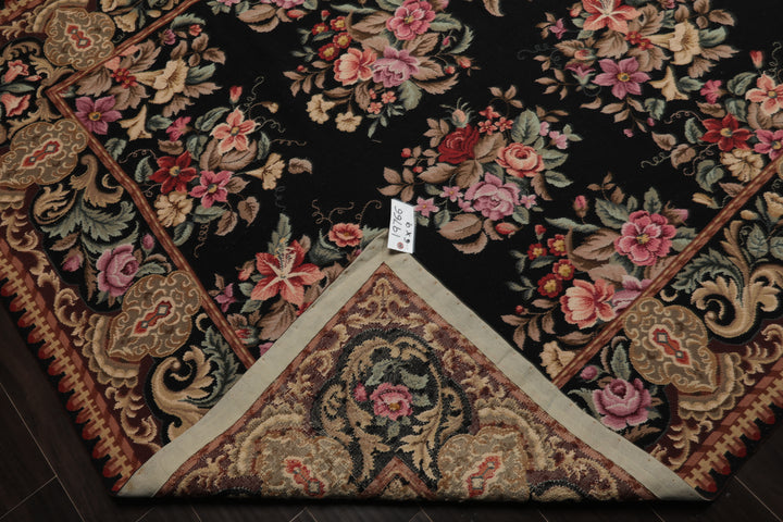 6x9 Black, Brown, Beige Color Hand Woven Aubusson Needlepoint Wool Traditional Oriental Rug