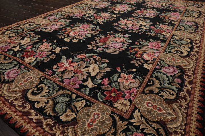 6x9 Black, Brown, Beige Color Hand Woven Aubusson Needlepoint Wool Traditional Oriental Rug