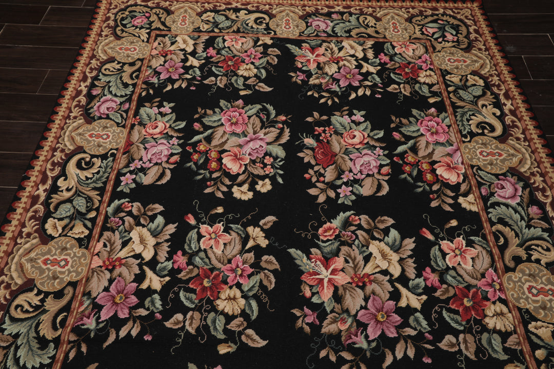 6x9 Black, Brown, Beige Color Hand Woven Aubusson Needlepoint Wool Traditional Oriental Rug