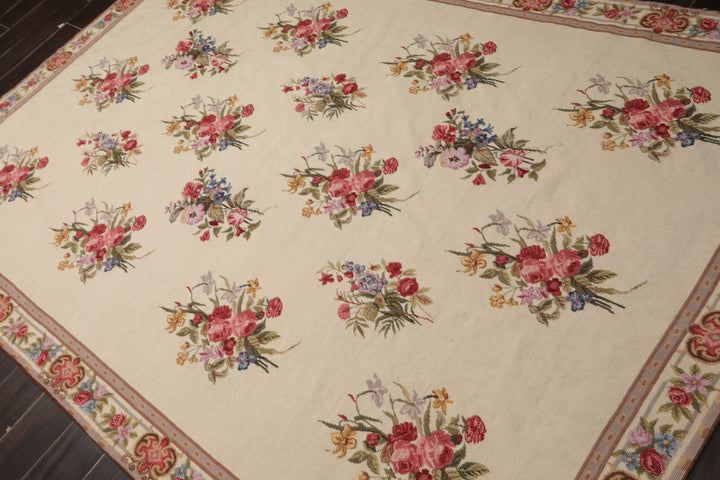 6x9 Ivory, Taupe, Red Color Hand Woven Aubusson Needlepoint Wool Traditional Oriental Rug