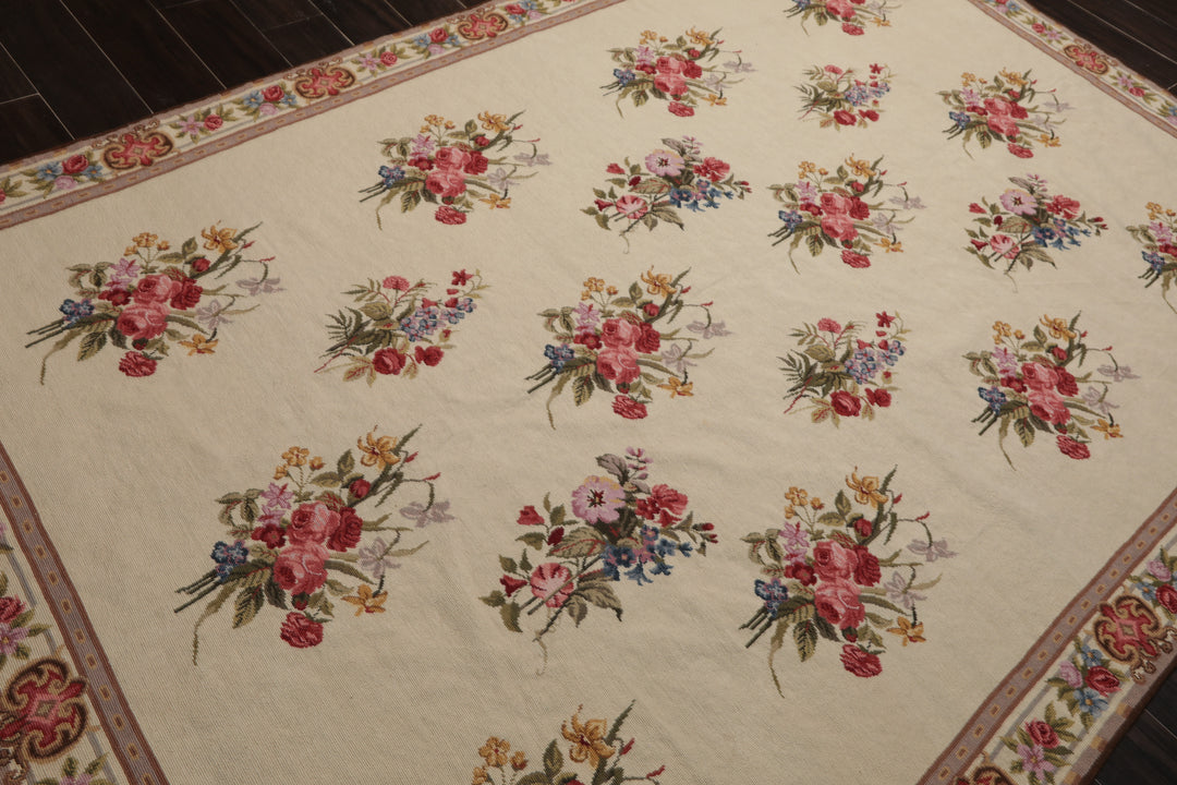 6x9 Ivory, Taupe, Red Color Hand Woven Aubusson Needlepoint Wool Traditional Oriental Rug