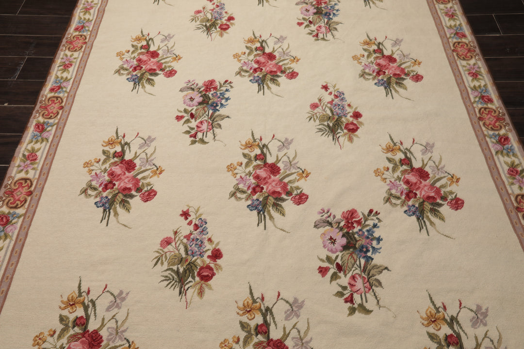 6x9 Ivory, Taupe, Red Color Hand Woven Aubusson Needlepoint Wool Traditional Oriental Rug