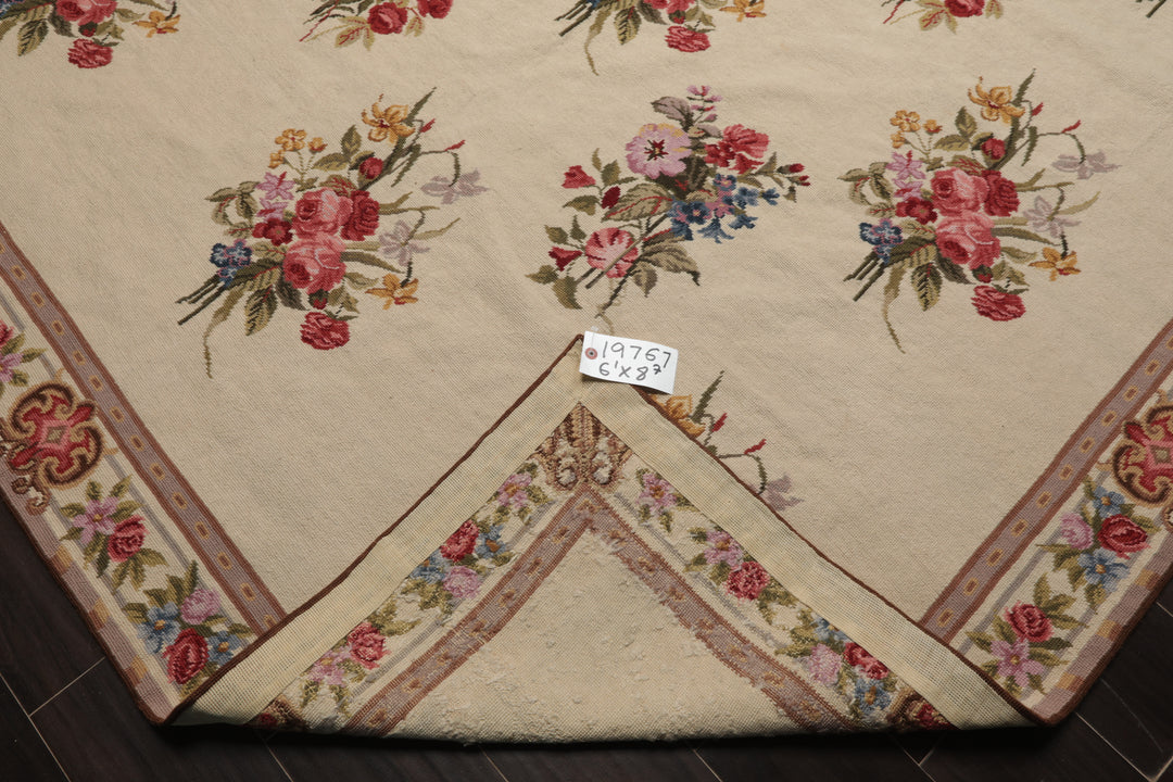 6x9 Ivory, Taupe, Red Color Hand Woven Aubusson Needlepoint Wool Traditional Oriental Rug