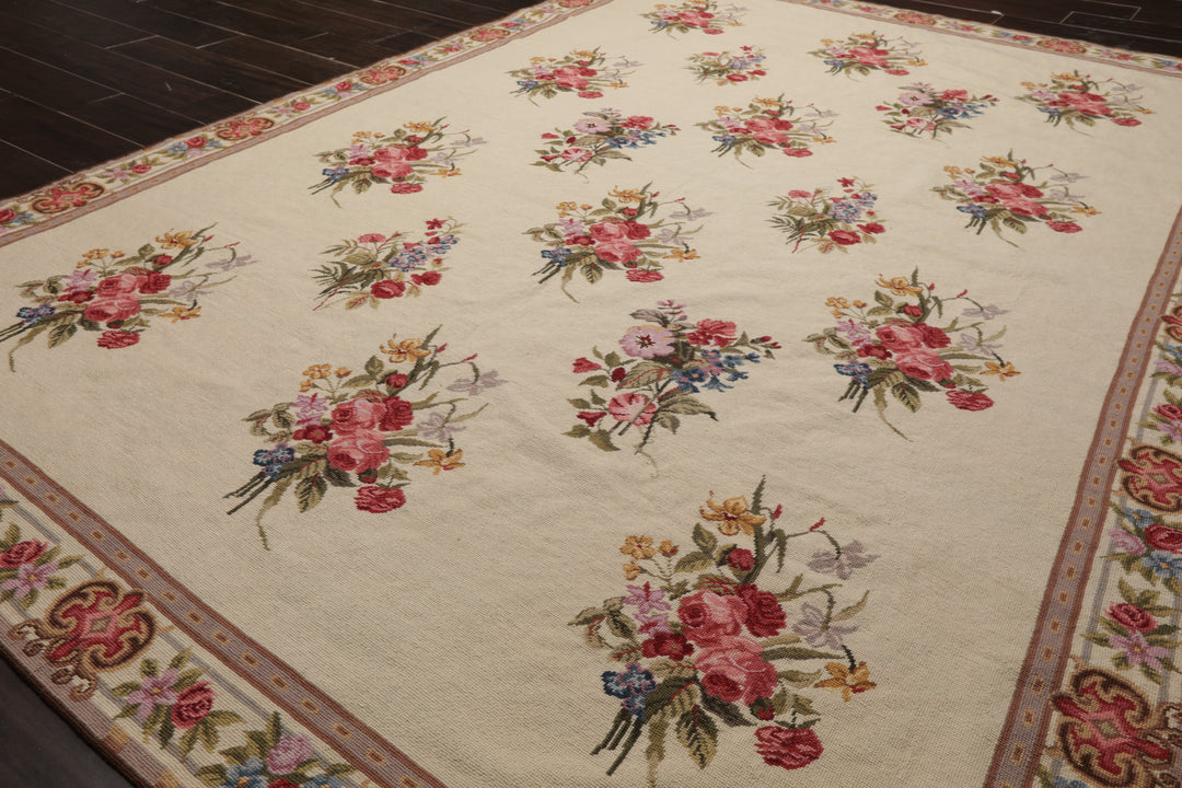 6x9 Ivory, Taupe, Red Color Hand Woven Aubusson Needlepoint Wool Traditional Oriental Rug