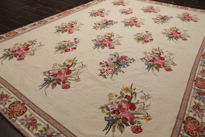 6x9 Ivory, Taupe, Red Color Hand Woven Aubusson Needlepoint Wool Traditional Oriental Rug