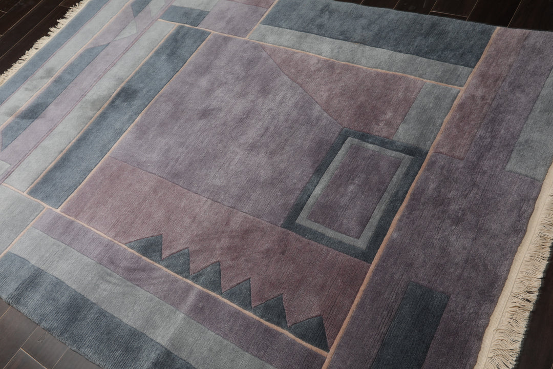 5x7 Gray, Blue, Aubergine Color Hand Knotted Tibetan New Zealand Wool Contemporary Oriental Rug