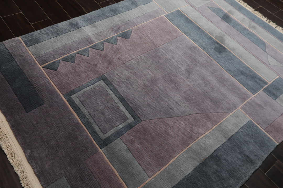 5x7 Gray, Blue, Aubergine Color Hand Knotted Tibetan New Zealand Wool Contemporary Oriental Rug