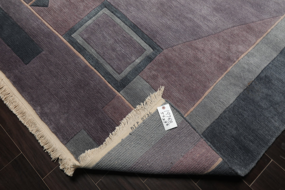 5x7 Gray, Blue, Aubergine Color Hand Knotted Tibetan New Zealand Wool Contemporary Oriental Rug