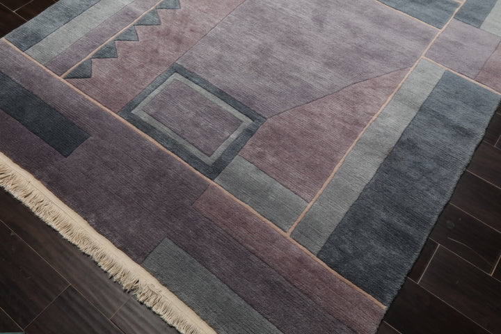 5x7 Gray, Blue, Aubergine Color Hand Knotted Tibetan New Zealand Wool Contemporary Oriental Rug