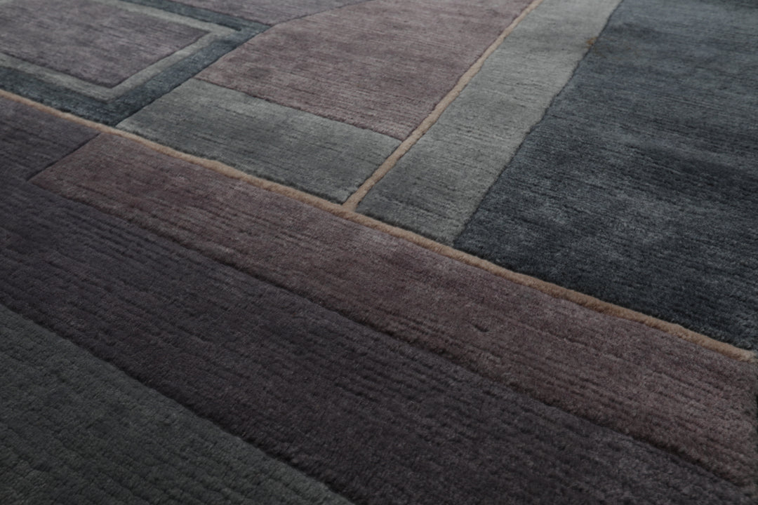 5x7 Gray, Blue, Aubergine Color Hand Knotted Tibetan New Zealand Wool Contemporary Oriental Rug