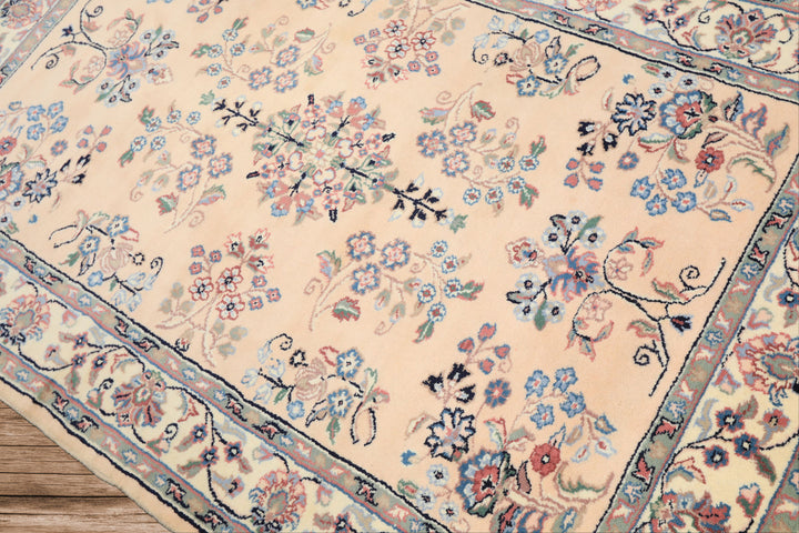 4x6 Blush, Ivory, Black Color Hand Knotted Indo Sarouk Wool Traditional Oriental Rug