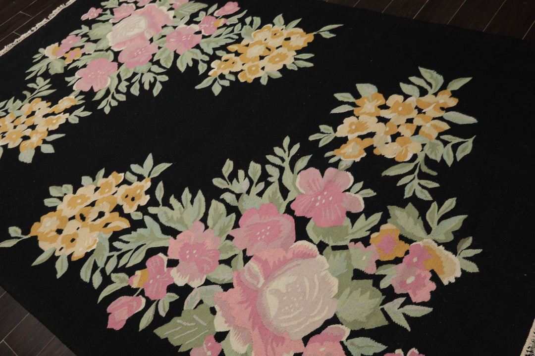 6x9 Black, Pink, Aqua Color Hand Woven Kilim Wool Traditional Oriental Rug