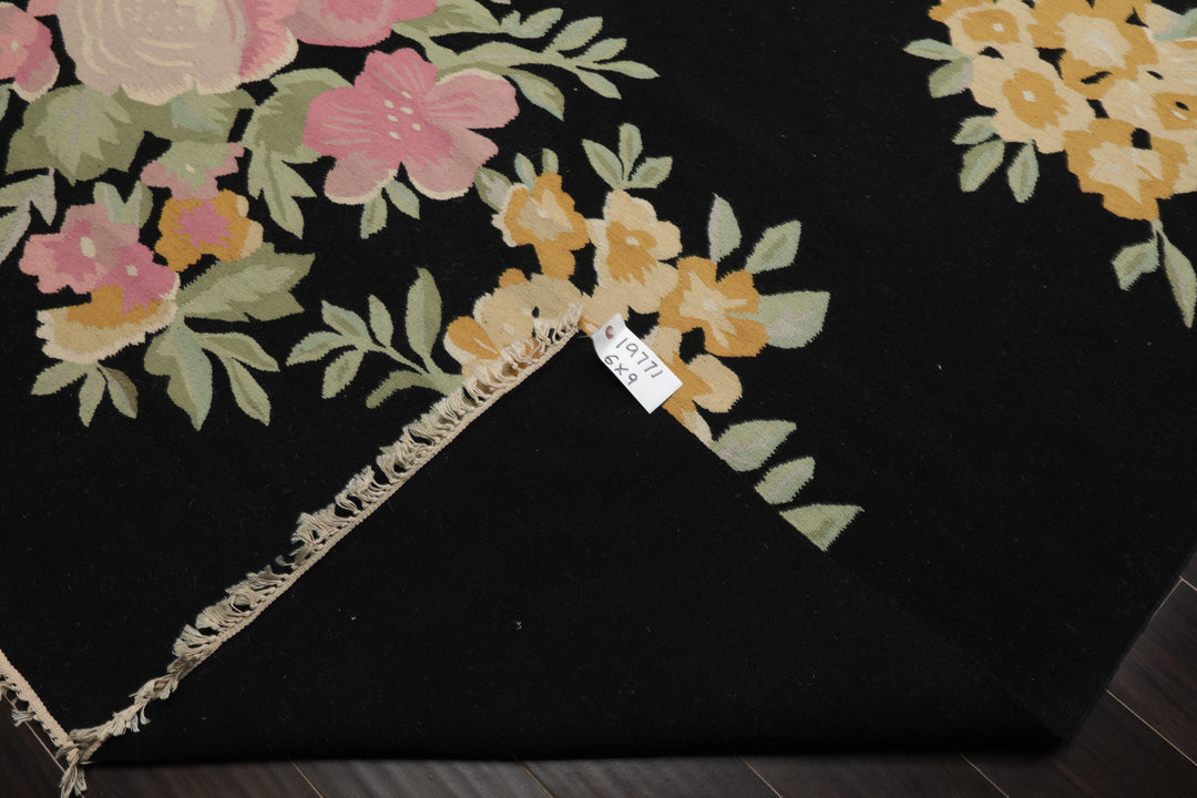 6x9 Black, Pink, Aqua Color Hand Woven Kilim Wool Traditional Oriental Rug