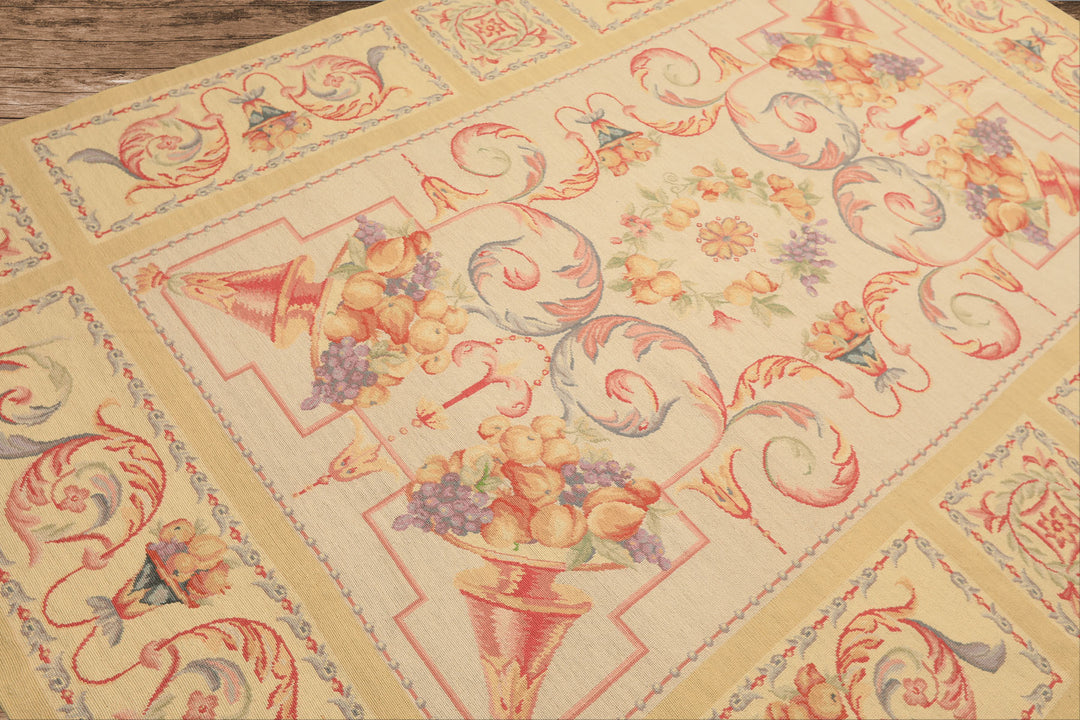 6x8 Beige, Rose, Lavender Color Hand Knotted French Aubusson Needlepoint Wool Traditional Oriental Rug