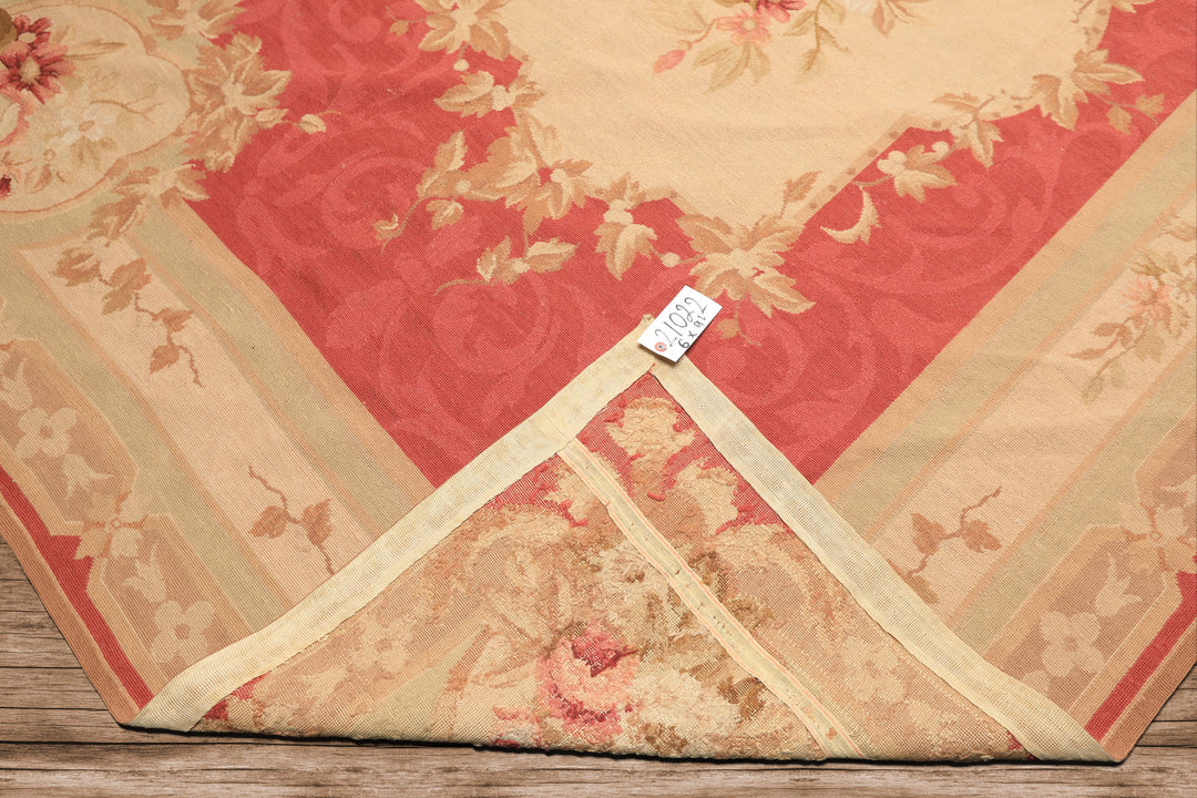 6x9 Fuschsia, Beige, Mint Color Hand Knotted French Aubusson Needlepoint Wool Traditional Oriental Rug