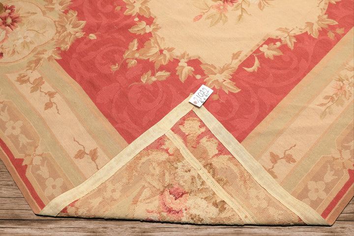 6x9 Fuschsia, Beige, Mint Color Hand Knotted French Aubusson Needlepoint Wool Traditional Oriental Rug