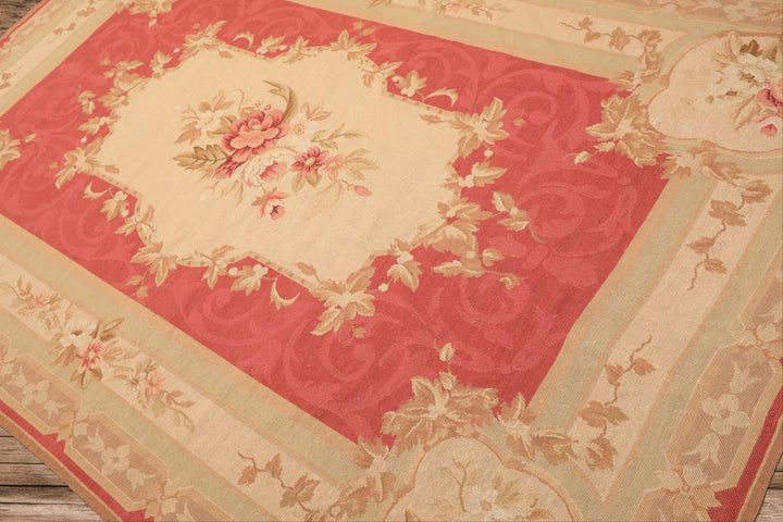 6x9 Fuschsia, Beige, Mint Color Hand Knotted French Aubusson Needlepoint Wool Traditional Oriental Rug