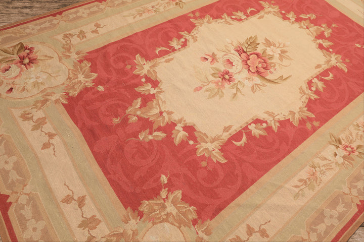 6x9 Fuschsia, Beige, Mint Color Hand Knotted French Aubusson Needlepoint Wool Traditional Oriental Rug