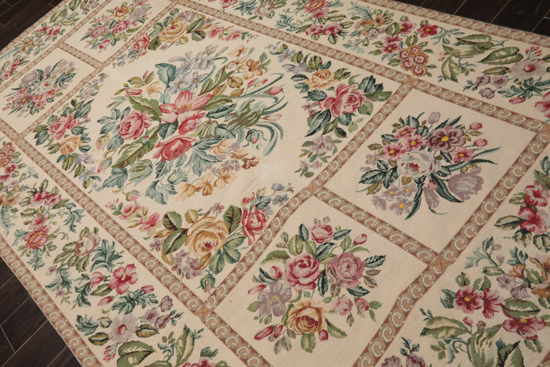 6x10 Ivory, Aqua, Rose Color Hand Woven Aubusson Needlepoint Wool Traditional Oriental Rug