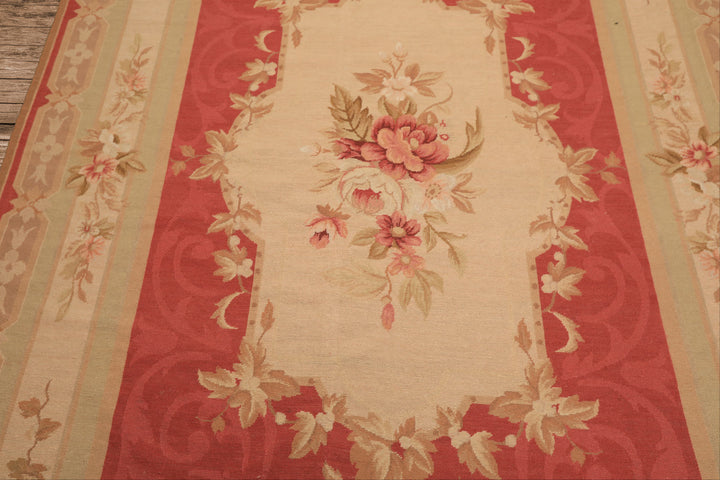 6x9 Fuschsia, Beige, Mint Color Hand Knotted French Aubusson Needlepoint Wool Traditional Oriental Rug