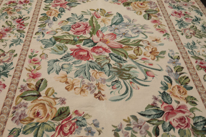 6x10 Ivory, Aqua, Rose Color Hand Woven Aubusson Needlepoint Wool Traditional Oriental Rug