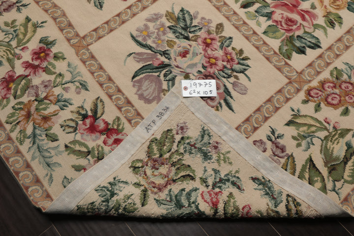 6x10 Ivory, Aqua, Rose Color Hand Woven Aubusson Needlepoint Wool Traditional Oriental Rug