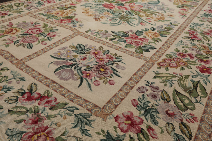 6x10 Ivory, Aqua, Rose Color Hand Woven Aubusson Needlepoint Wool Traditional Oriental Rug