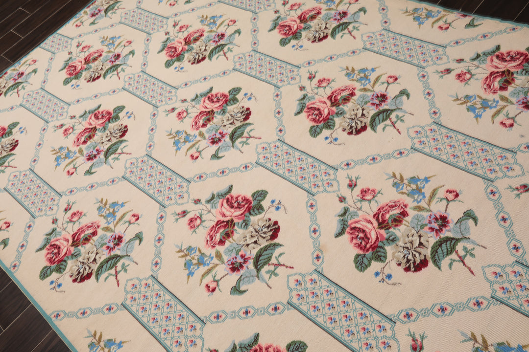 6x9 Ivory, Turquoise, Pink Color Hand Woven Aubusson Needlepoint Wool Traditional Oriental Rug