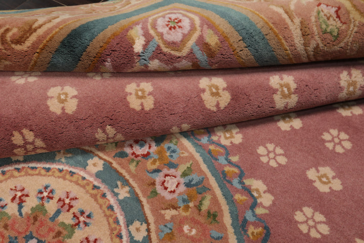 6x9 Rose, Peach, Turquoise Color Hand Knotted French Aubusson Savonnerie New Zealand Wool Traditional Oriental Rug