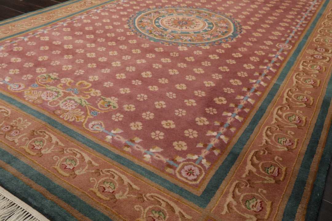 6x9 Rose, Peach, Turquoise Color Hand Knotted French Aubusson Savonnerie New Zealand Wool Traditional Oriental Rug