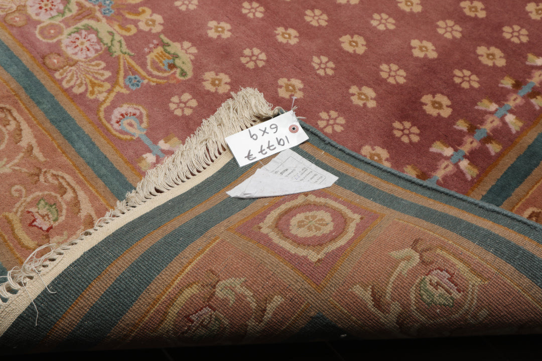 6x9 Rose, Peach, Turquoise Color Hand Knotted French Aubusson Savonnerie New Zealand Wool Traditional Oriental Rug