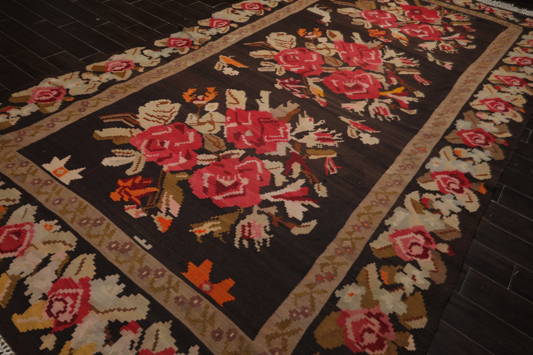 7x14 Brown, Tan, Beige Color Hand Woven Kilim Wool Traditional Oriental Rug