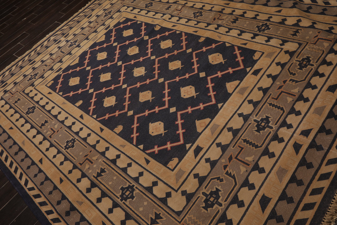 7x9 Navy, Tan, Beige Color Hand Woven Kilim Wool Tribal Oriental Rug