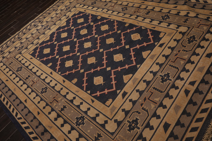 7x9 Navy, Tan, Beige Color Hand Woven Kilim Wool Tribal Oriental Rug