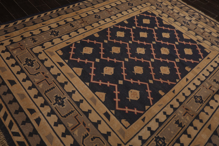 7x9 Navy, Tan, Beige Color Hand Woven Kilim Wool Tribal Oriental Rug