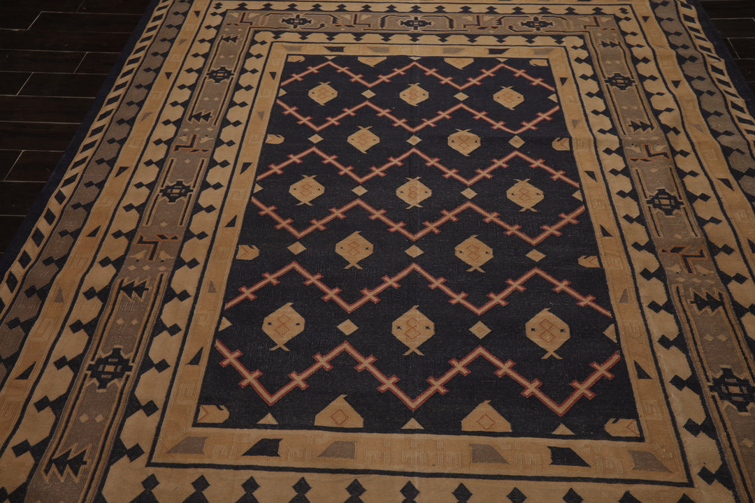 7x9 Navy, Tan, Beige Color Hand Woven Kilim Wool Tribal Oriental Rug