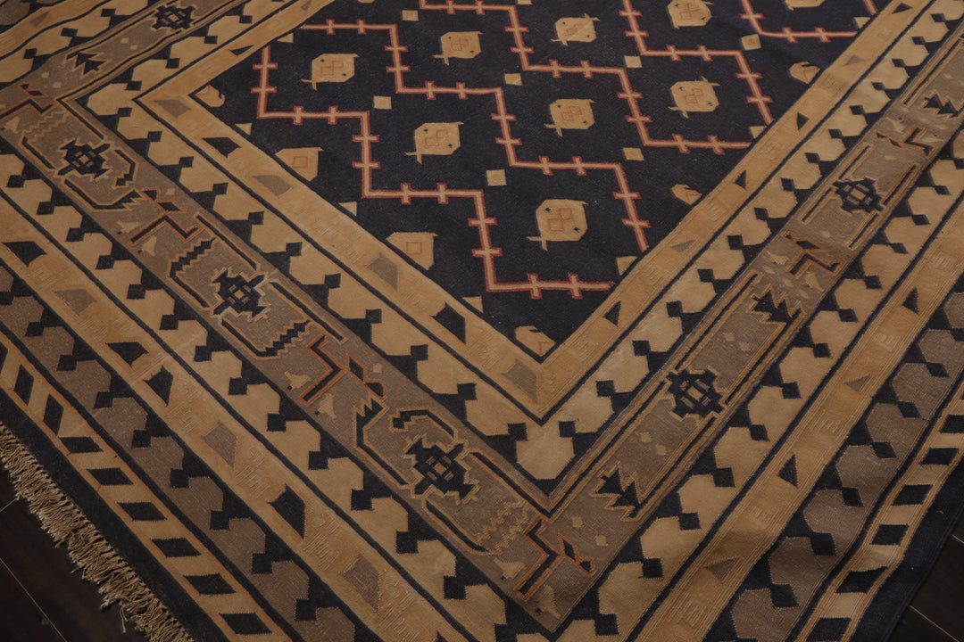 7x9 Navy, Tan, Beige Color Hand Woven Kilim Wool Tribal Oriental Rug