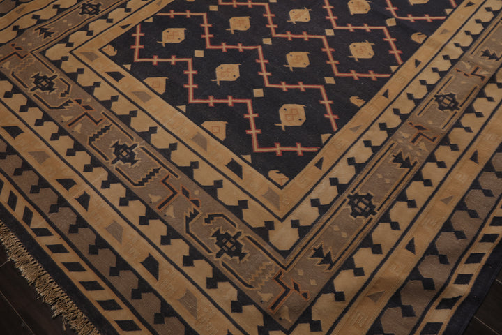 7x9 Navy, Tan, Beige Color Hand Woven Kilim Wool Tribal Oriental Rug