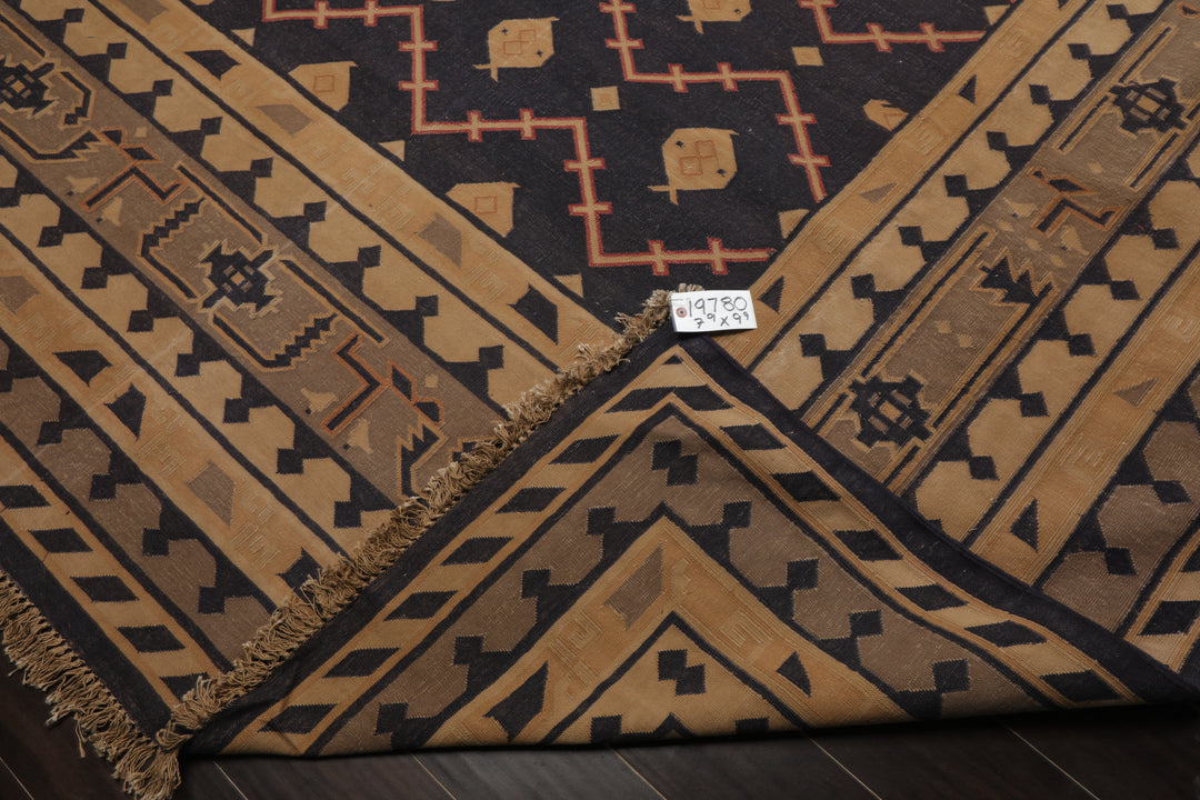 7x9 Navy, Tan, Beige Color Hand Woven Kilim Wool Tribal Oriental Rug