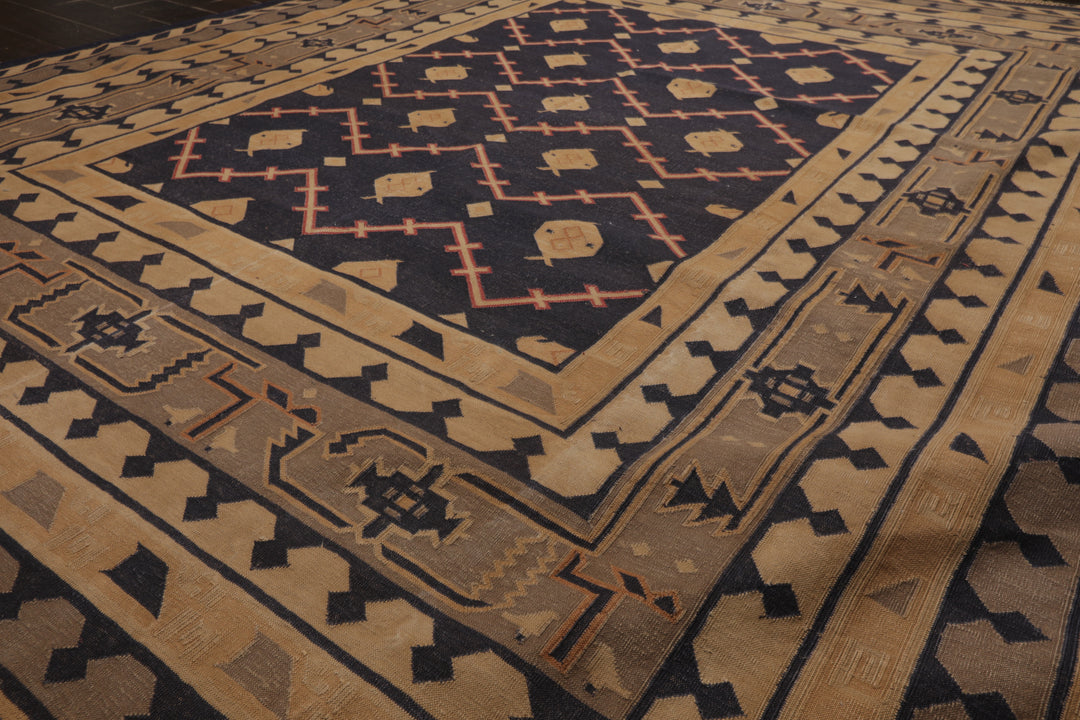 7x9 Navy, Tan, Beige Color Hand Woven Kilim Wool Tribal Oriental Rug