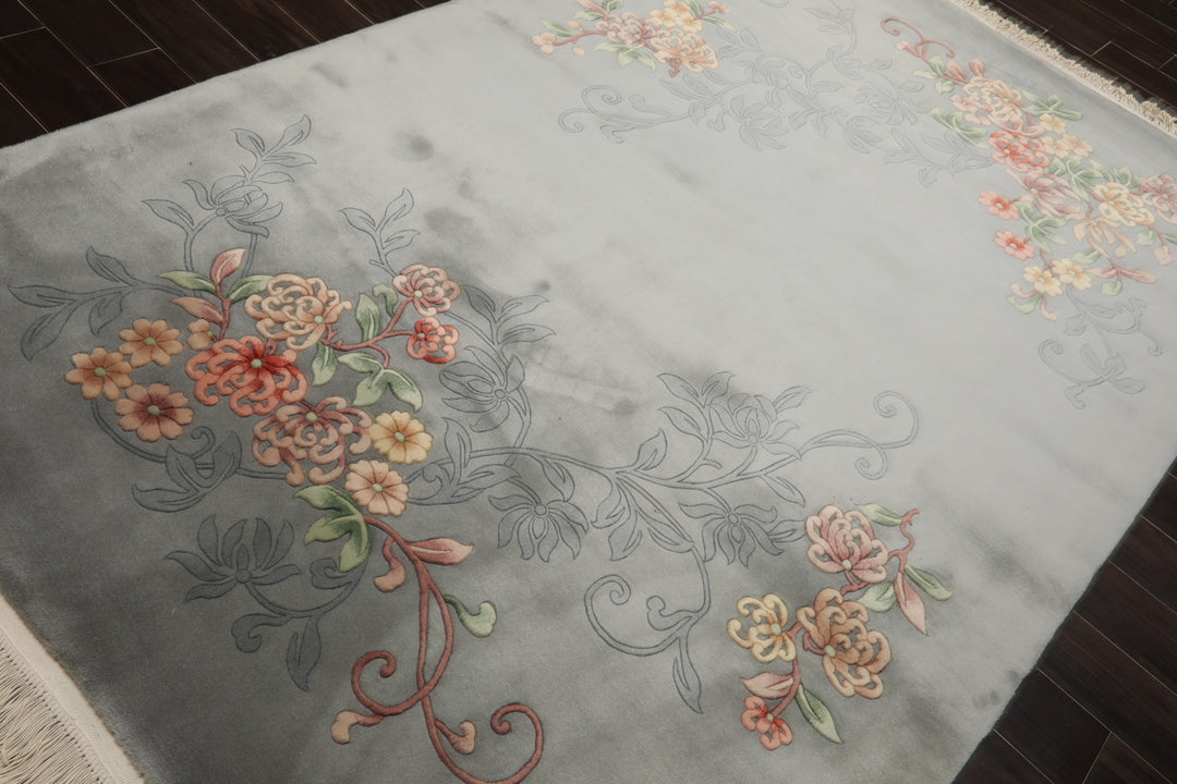 6x9 Gray, Green, Rose Color Hand Knotted French Aubusson Savonnerie Wool Traditional Oriental Rug