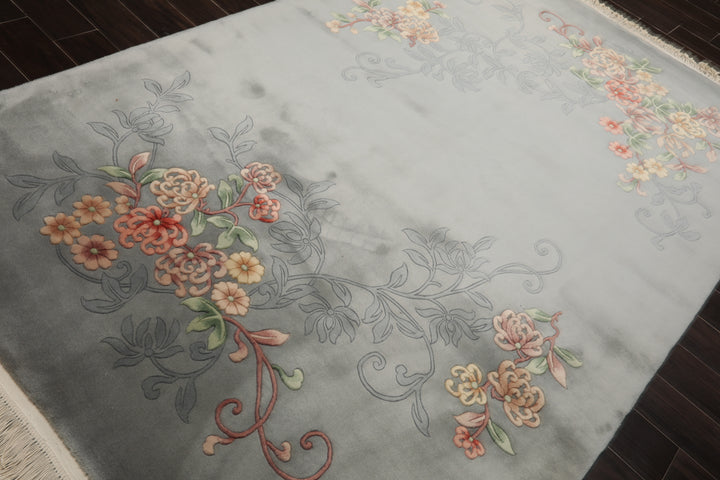 6x9 Gray, Green, Rose Color Hand Knotted French Aubusson Savonnerie Wool Traditional Oriental Rug