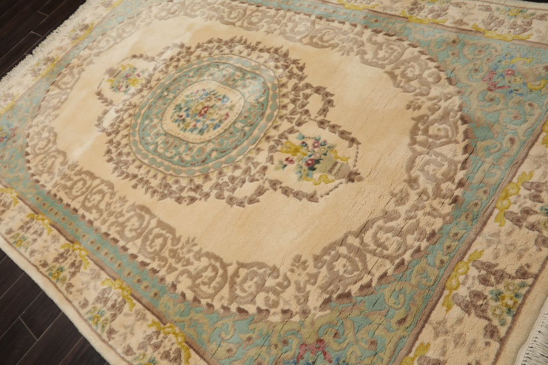 6x9 Ivory, Aqua, Brown Color Hand Knotted French Aubusson Savonnerie Wool Traditional Oriental Rug