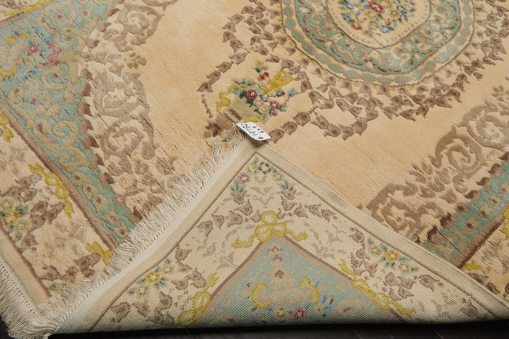 6x9 Ivory, Aqua, Brown Color Hand Knotted French Aubusson Savonnerie Wool Traditional Oriental Rug