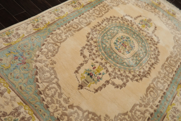6x9 Ivory, Aqua, Brown Color Hand Knotted French Aubusson Savonnerie Wool Traditional Oriental Rug