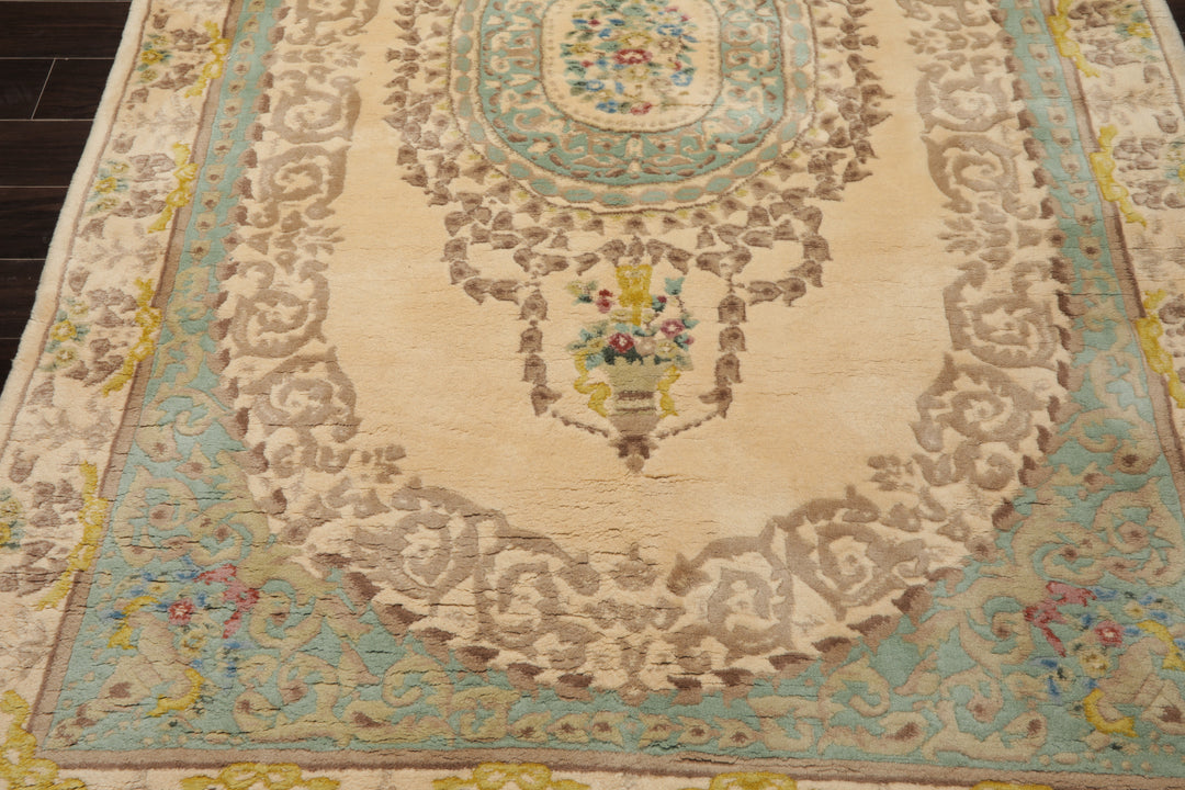 6x9 Ivory, Aqua, Brown Color Hand Knotted French Aubusson Savonnerie Wool Traditional Oriental Rug