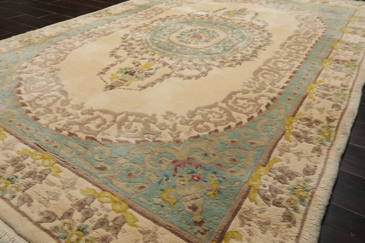 6x9 Ivory, Aqua, Brown Color Hand Knotted French Aubusson Savonnerie Wool Traditional Oriental Rug