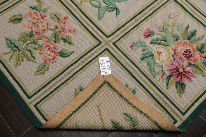 6x9 Ivory, Green, Aqua Color Hand Woven Portugese Needlepoint Wool Traditional Oriental Rug
