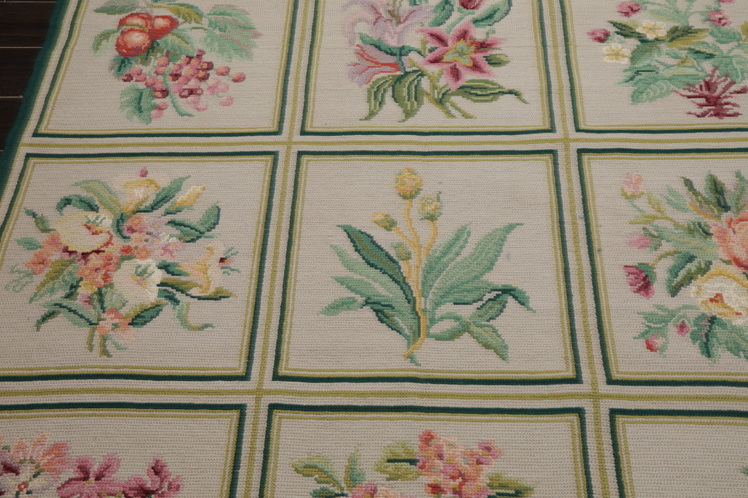 6x9 Ivory, Green, Aqua Color Hand Woven Portugese Needlepoint Wool Traditional Oriental Rug