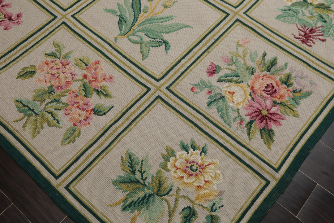 6x9 Ivory, Green, Aqua Color Hand Woven Portugese Needlepoint Wool Traditional Oriental Rug